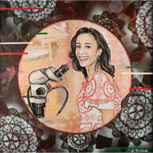 Sabila Chilaeva with a microscope, smiling, framed by Chechen motifs and cellular patterns, celebrating her science journey.